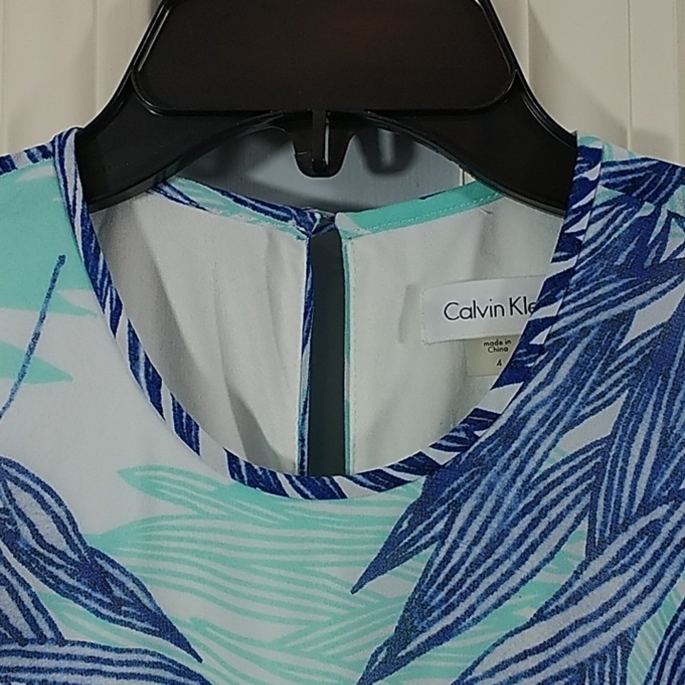 Calvin Klein Sleeveless Trapeze Dress Blue Palm Print Sz 4 - Picture 7 of 15
